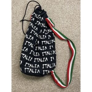Robin Ruth "Italia" Drawstring Shoulder Bag – Black Print Design, Tricolor Strap